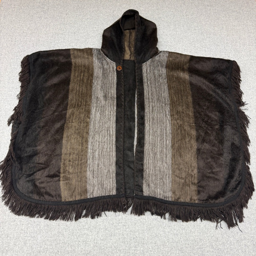 Unbranded Hooded Poncho One Size Brown Striped Fringe Button Wrap Bohemian Soft - Picture 1 of 8